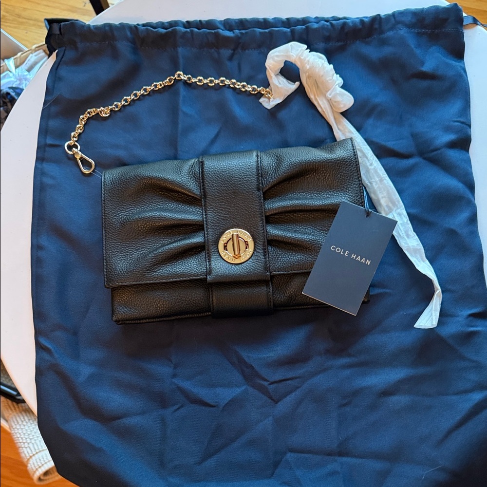 Cole Haan Black Clutch with Gold Chain